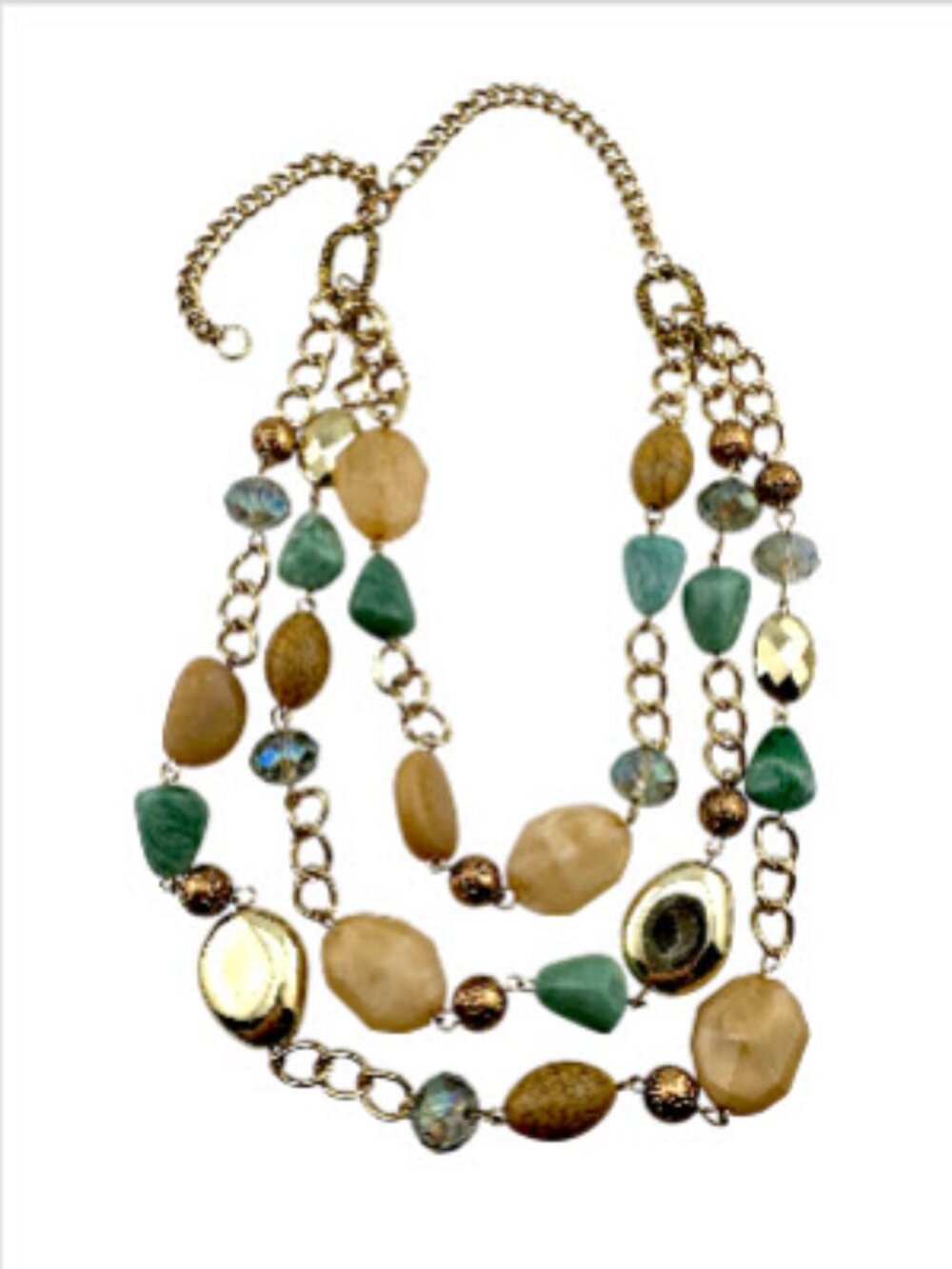 Vintage Layered Beaded Necklace Gold Tone Blue Green Cream Boho Resort Statement - Picture 9 of 10